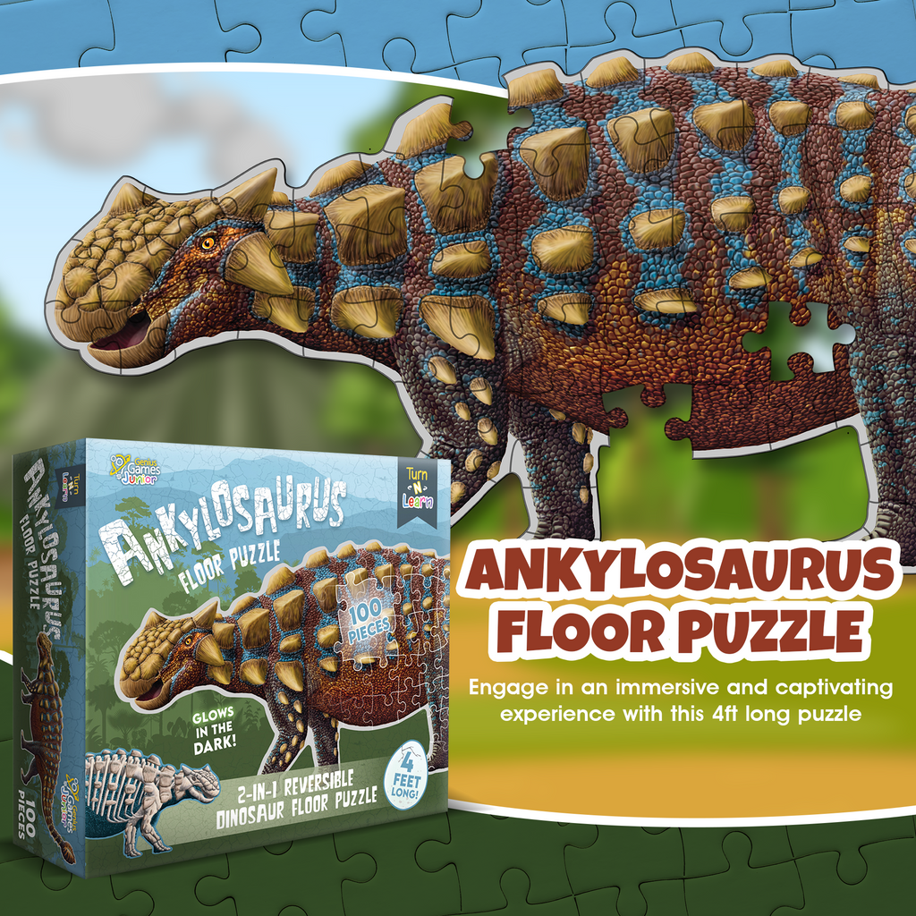 Ankylosaurus Dinosaur Jigsaw Puzzle - 4FT Double Sided Floor Puzzle - 100-Piece Glow in the Dark & Scientifically Accurate Educational Puzzles for Kids