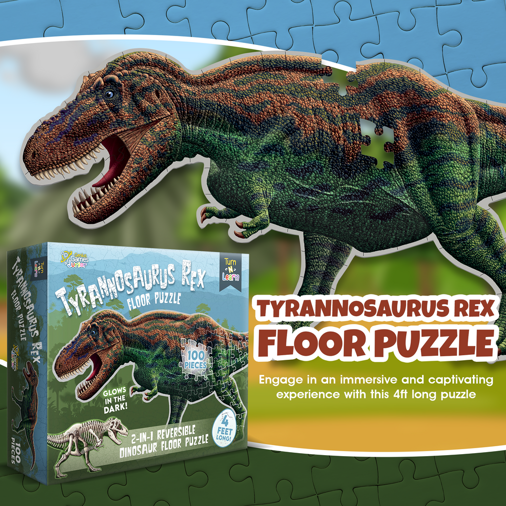 Tyrannosaurus Rex Dinosaur Jigsaw Puzzle - 4FT Double Sided Floor Puzzle - 100-Piece Glow in the Dark & Scientifically Accurate Educational Puzzles for Kids