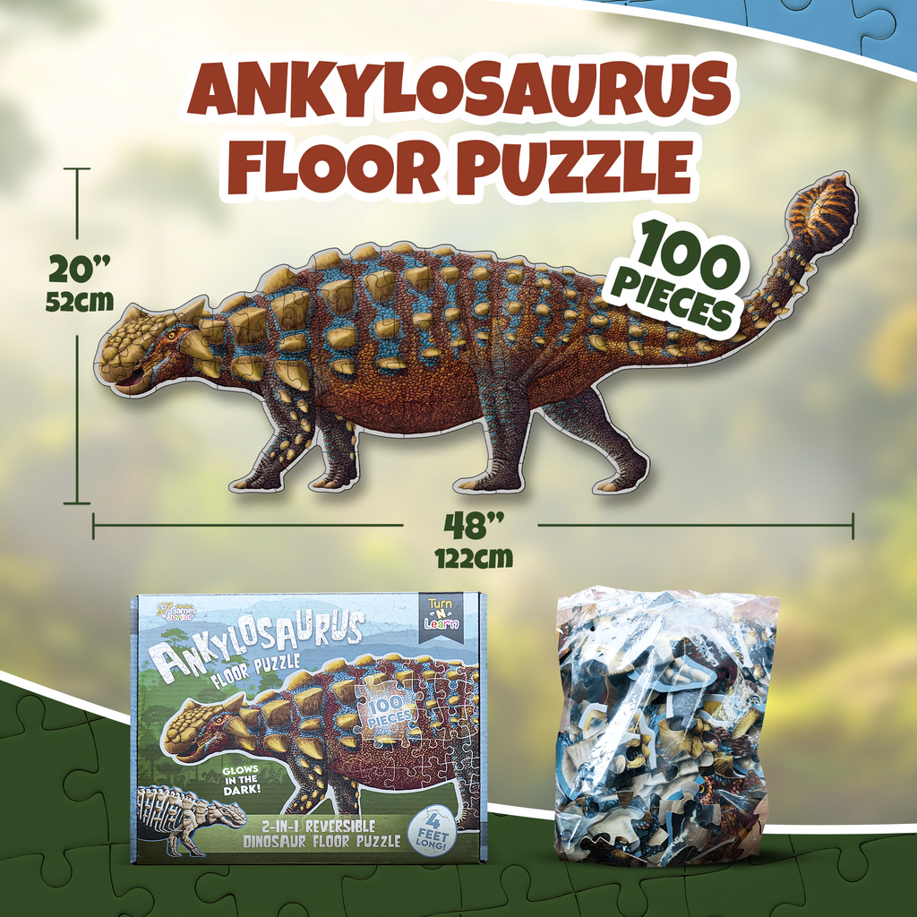 Ankylosaurus Dinosaur Jigsaw Puzzle - 4FT Double Sided Floor Puzzle - 100-Piece Glow in the Dark & Scientifically Accurate Educational Puzzles for Kids