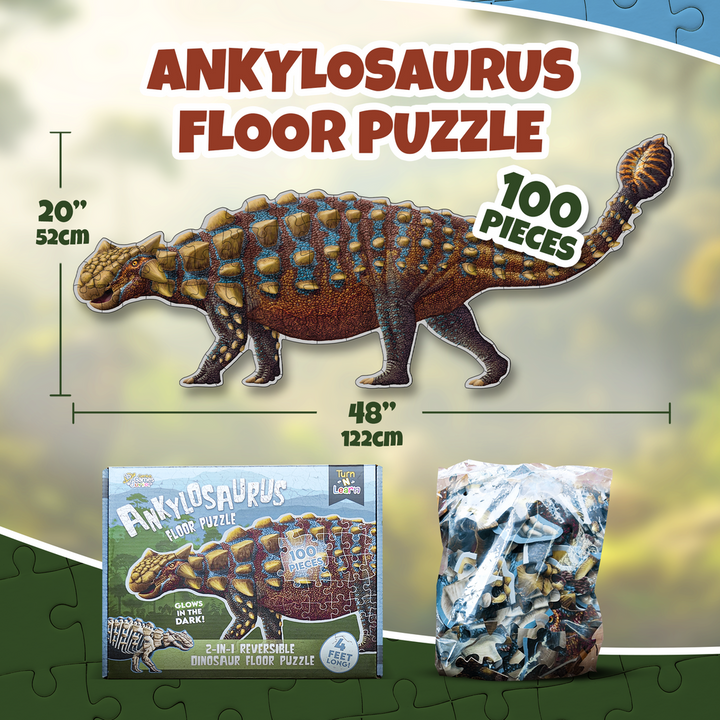 Ankylosaurus Dinosaur Jigsaw Puzzle - 4FT Double Sided Floor Puzzle - 100-Piece Glow in the Dark & Scientifically Accurate Educational Puzzles for Kids